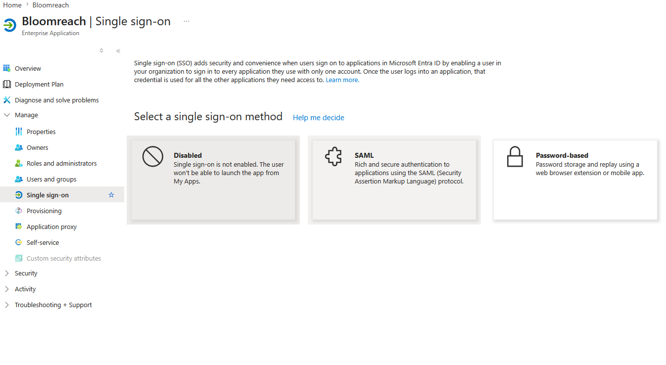 Single sign-on method selection page with SAML option highlighted.
