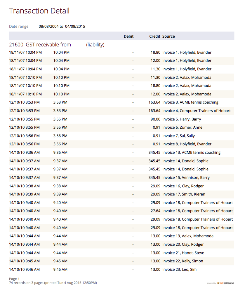 An example Transaction Detail report,printed for the general ledger account Discounts Given