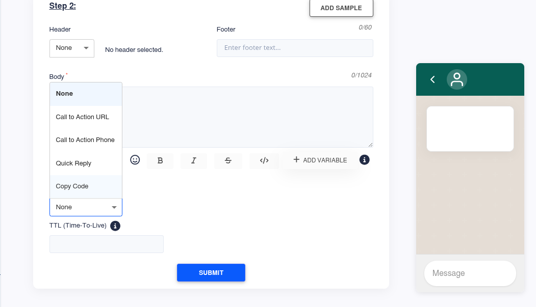 Template message body field with formatting toolbar and controls for adding samples and variables