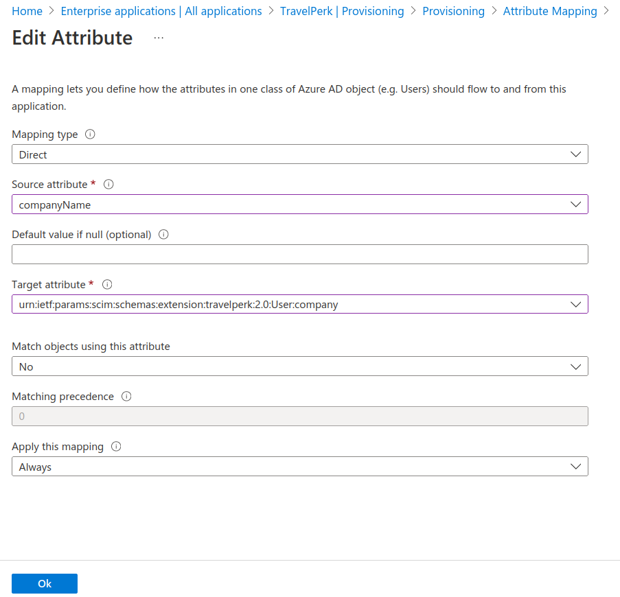Microsoft Entra ID attribute mapping configuration showing the company field mapped to a Microsoft Entra ID source attribute.