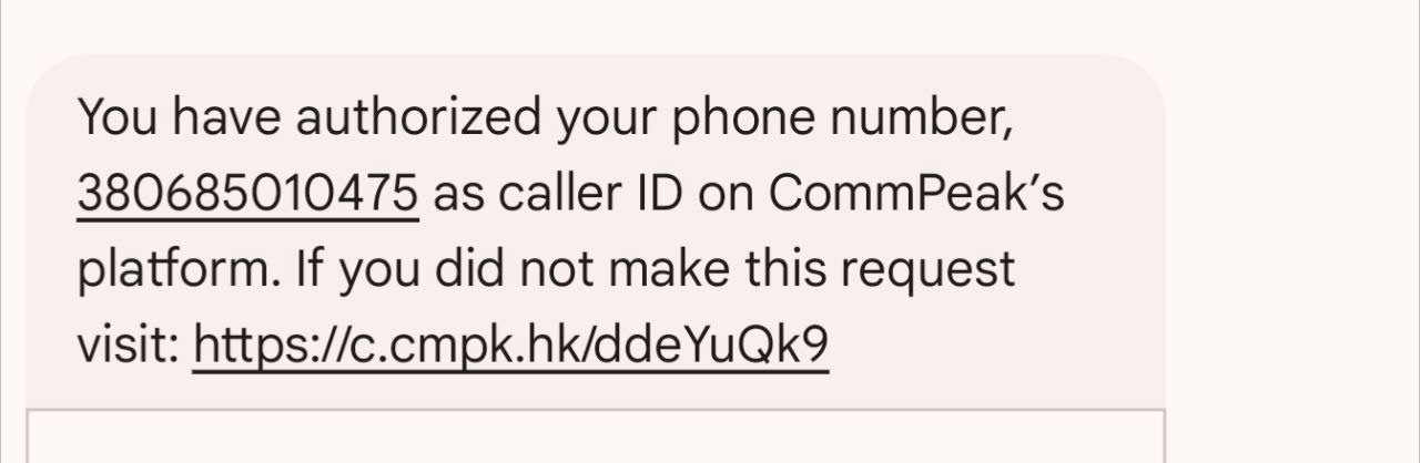 Screenshot of the phone number authorization confirmation SMS