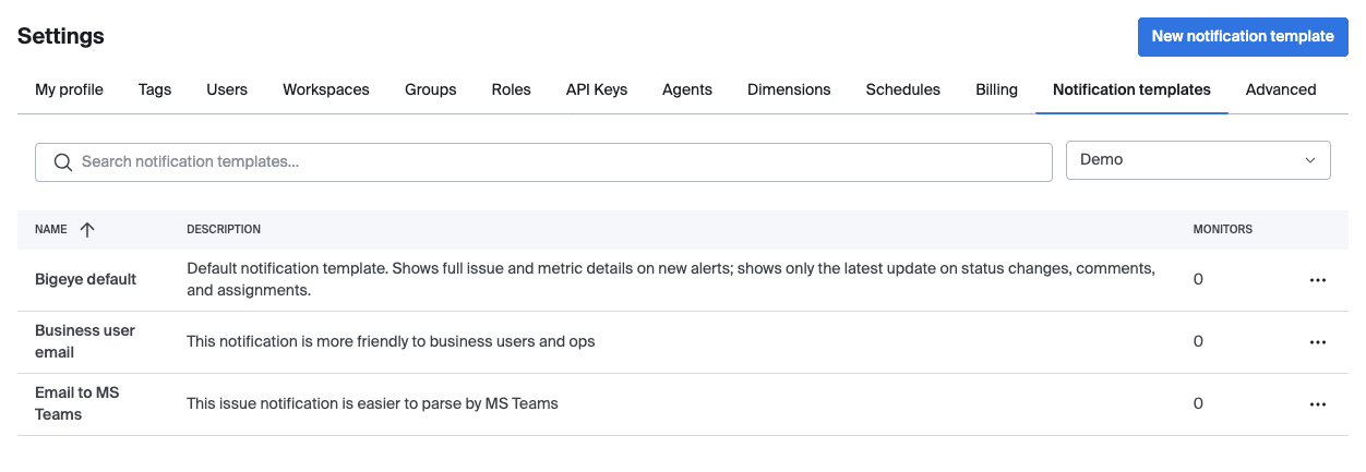 Notification templates list in Settings
