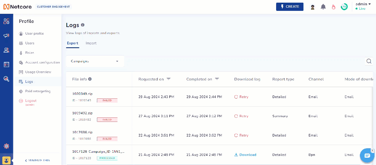 View logs of Imports and Exports