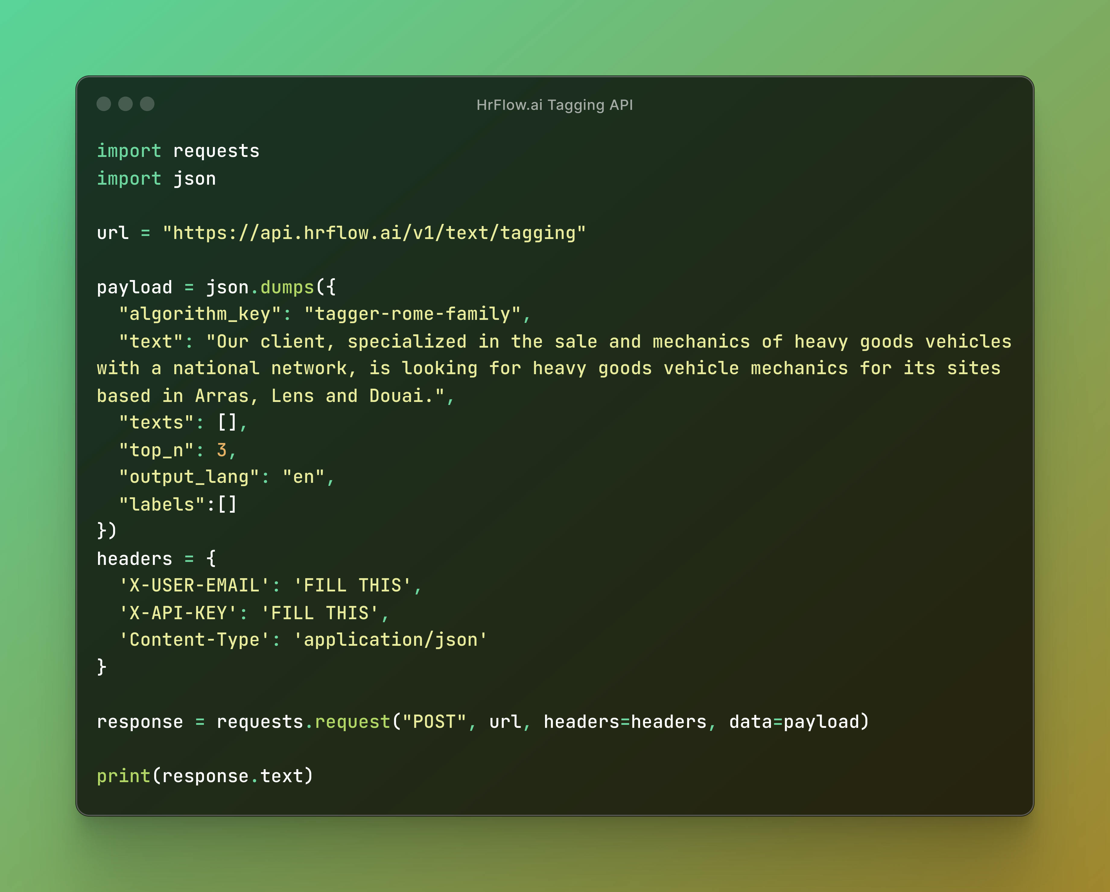 HrFlow.ai Text Tagging API python request
