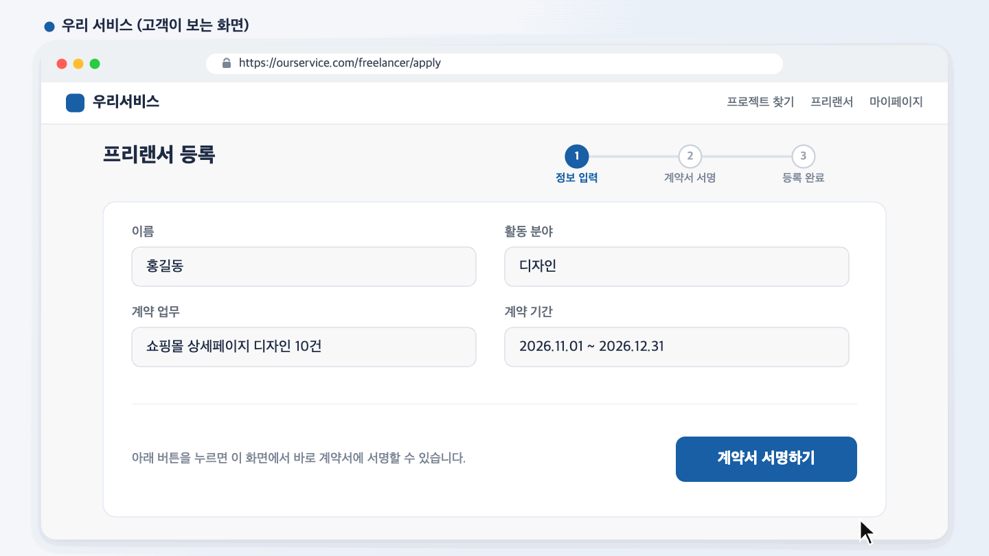 우리 서비스에서 계약서 서명하기를 누르면 같은 화면 안에 서명 화면이 열리고, 서명을 마치면 우리 서비스의 등록 완료 화면으로 이어지는 흐름