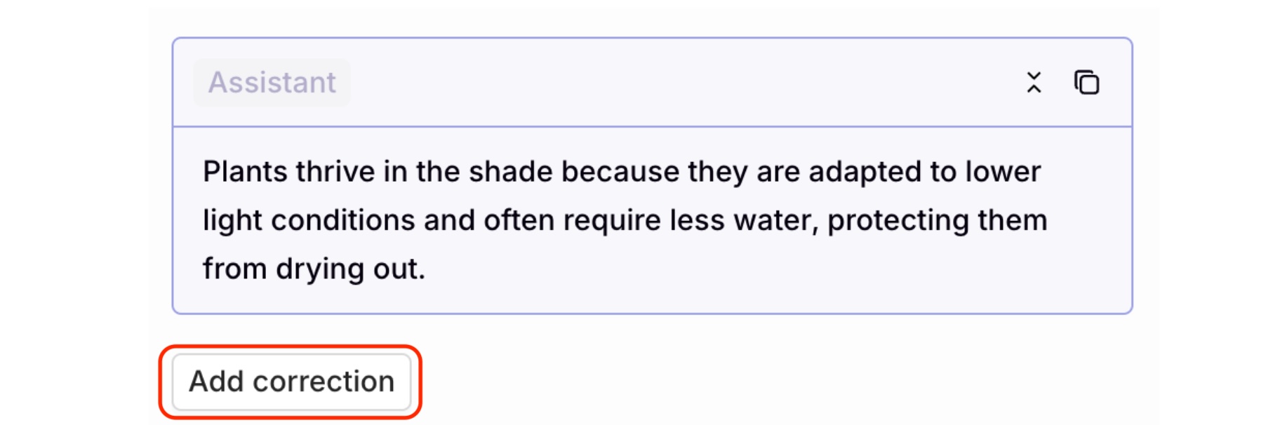 The **Add correction** button is below Assistant response. 