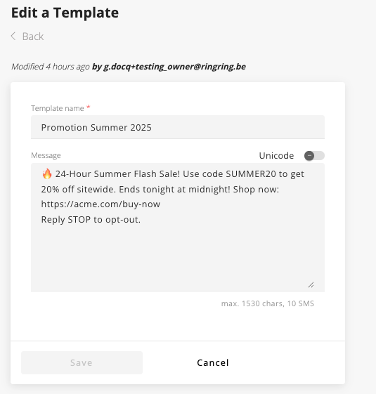Adding or Editing SMS Template