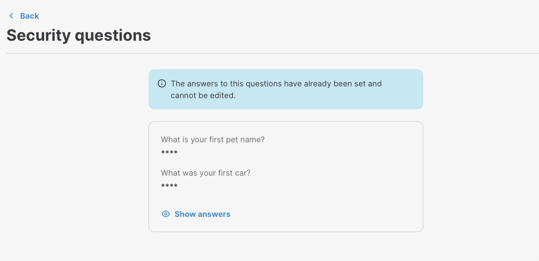 Answered security questions in User Settings