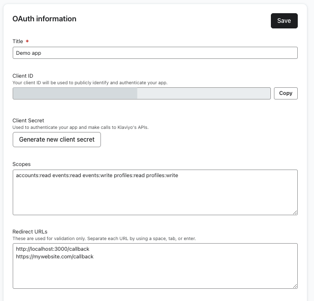 OAuth information section showing the Scopes field