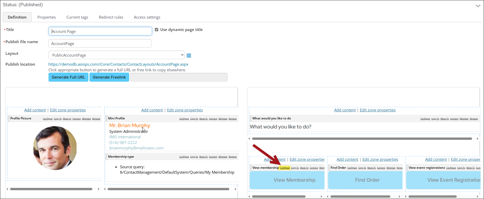 Screenshot of the content designer, which shows an arrow pointing at the Configure link on the View membership button.