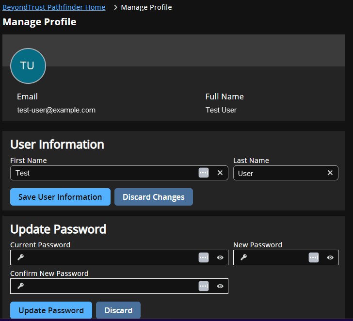 Manage profile settings including user name and password