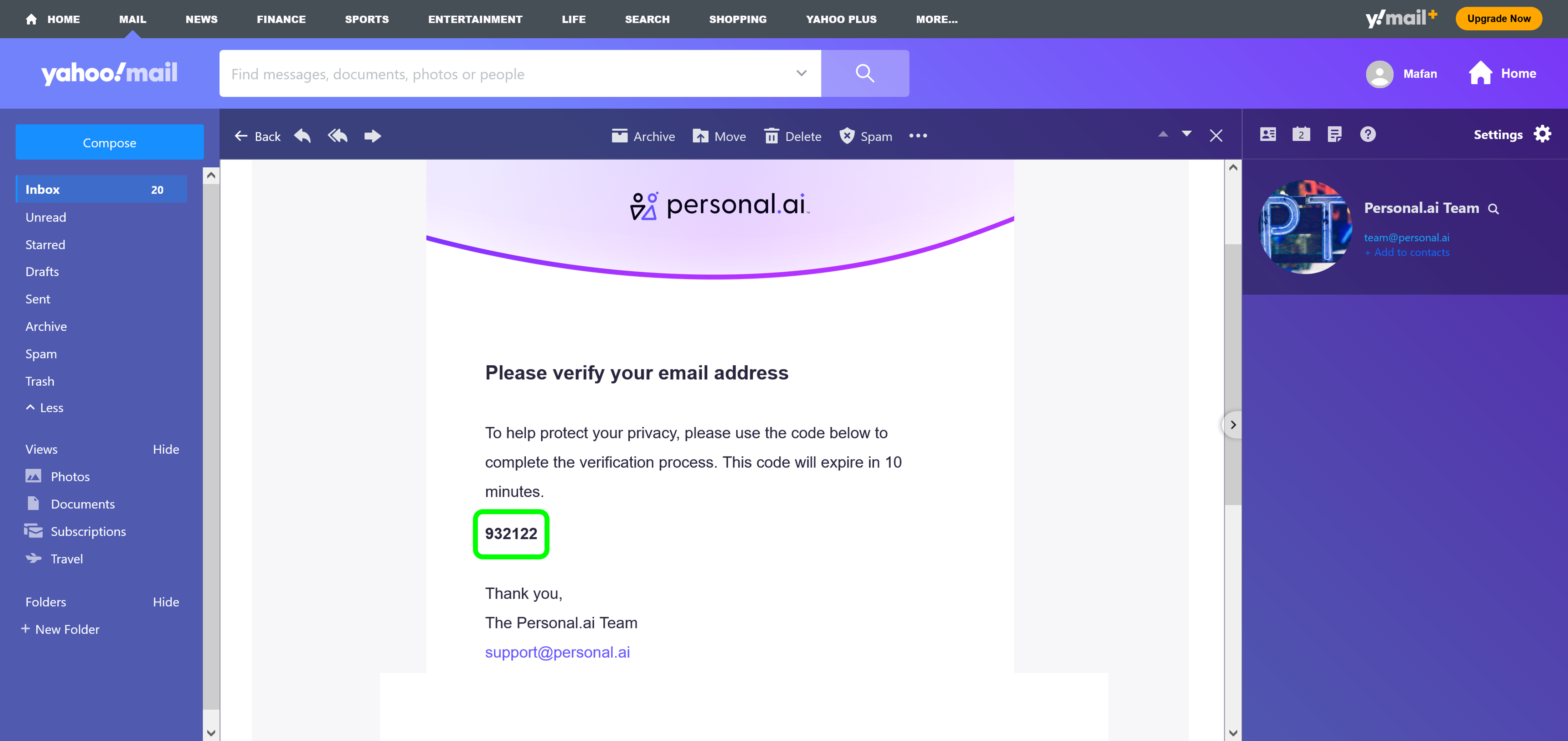 Screenshot of verification email sent during account creation