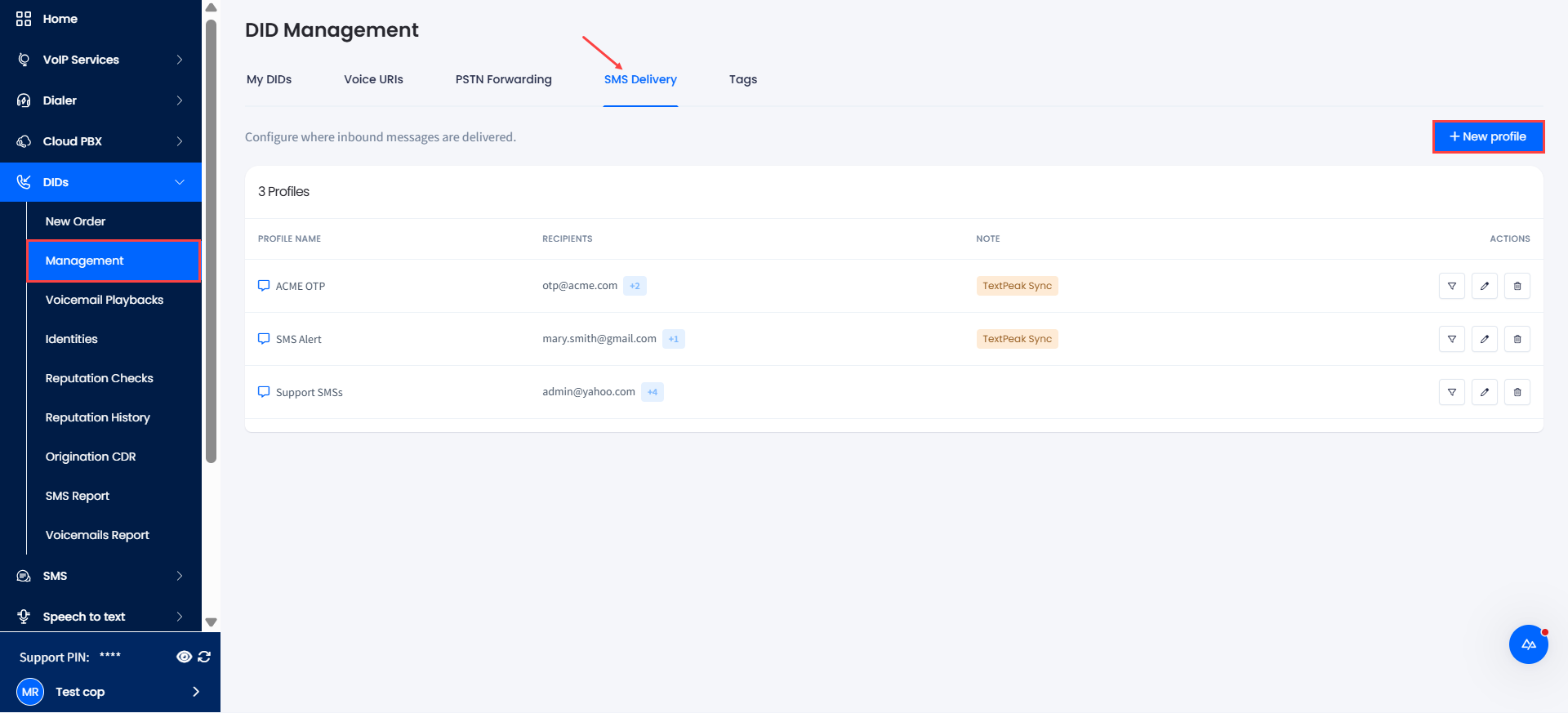 Screenshot of the SMS Delivery tab