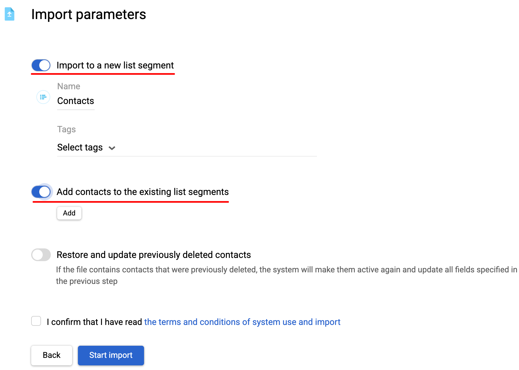 Import parameters