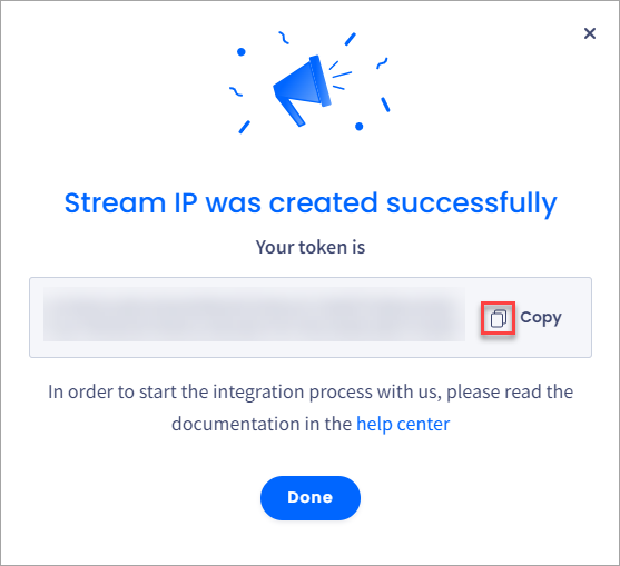 Screenshot of the **Stream IP was created successfully** success window