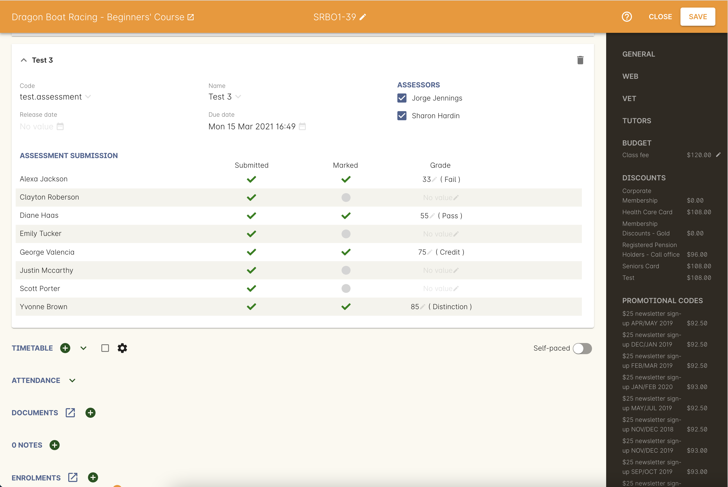 Figure 418. Grades shown in the assessment submissions section of a class.