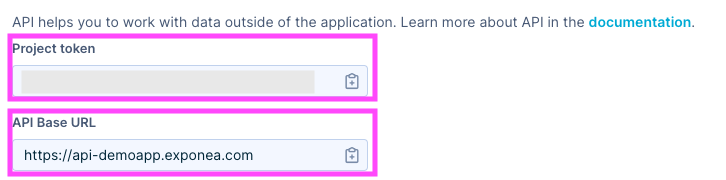 Copy the Project token and the API Base URL