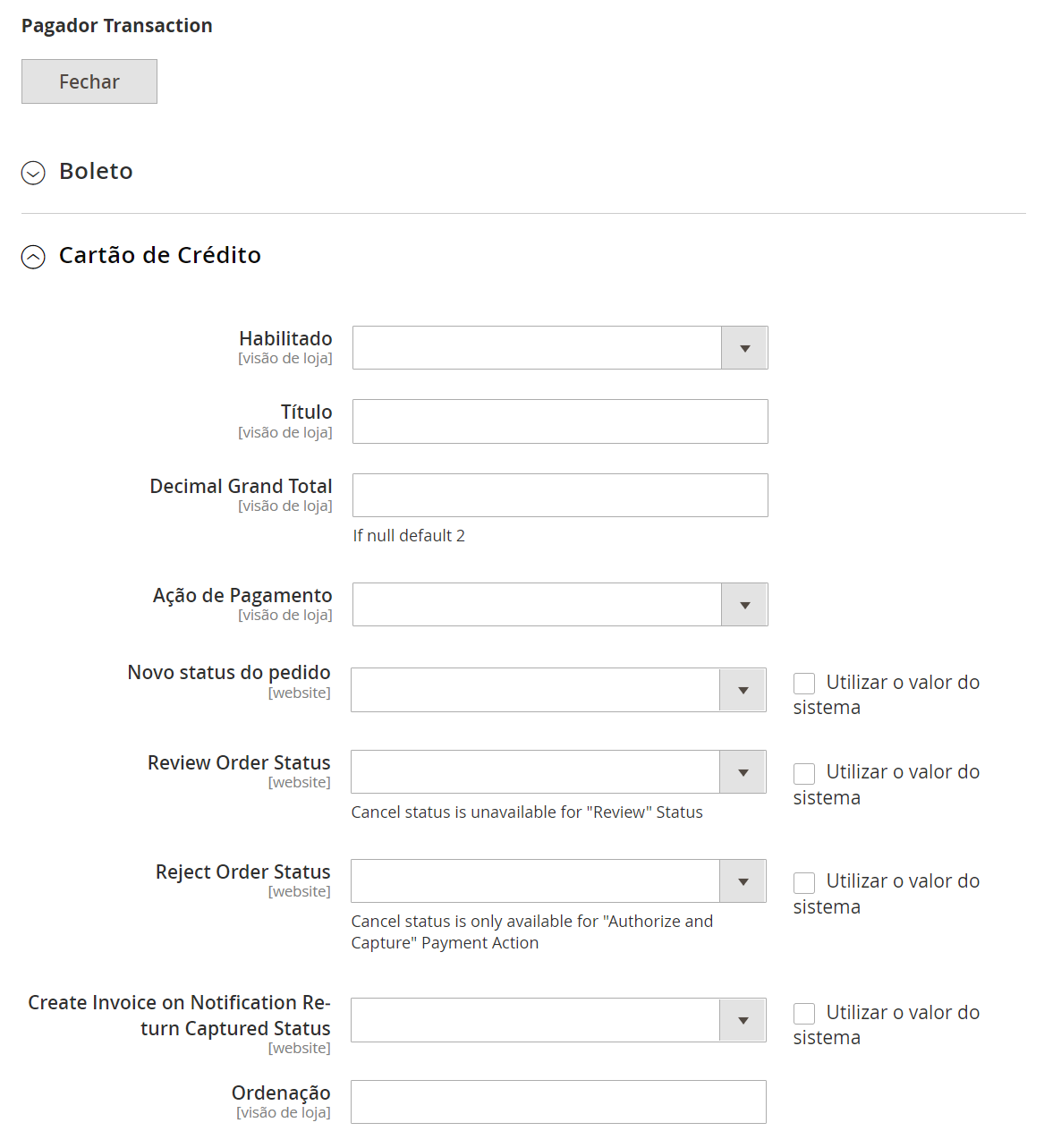 Tela de configuração de Cartão de Crédito