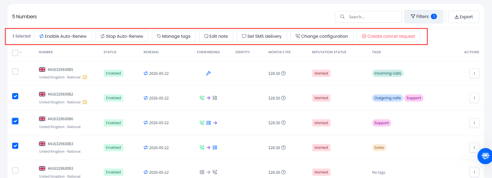Screenshot of the multiple selection actions