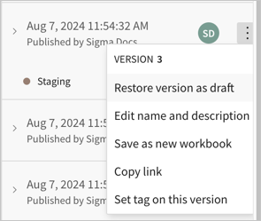 More menu open for the timestamped version in the version history, hovering over the option to restore version as draft.