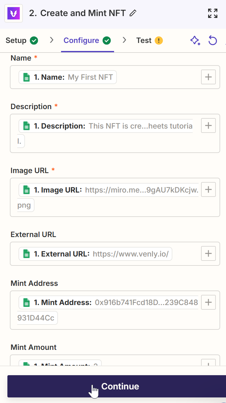 Configure fields for NFT mint action