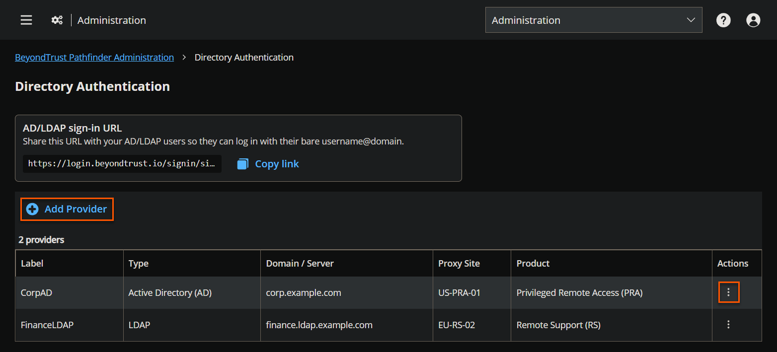 Directory Authentication page showing existing providers with options to add, edit, or remove a provider.