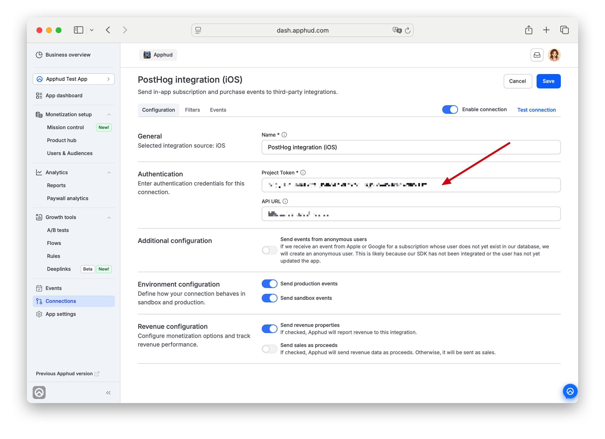 Apphud - PostHog Project Token field