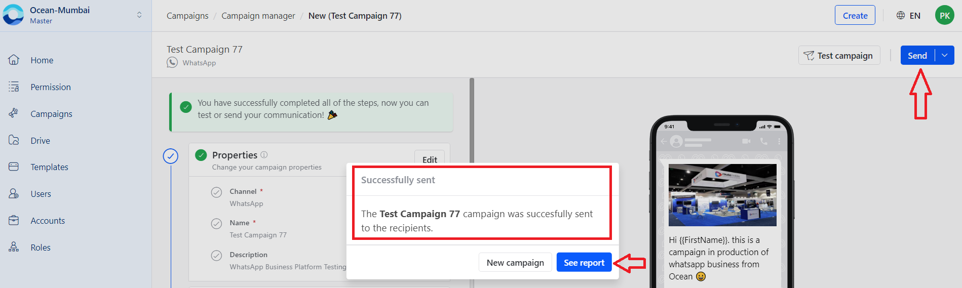WhatsApp send campaign confirmation