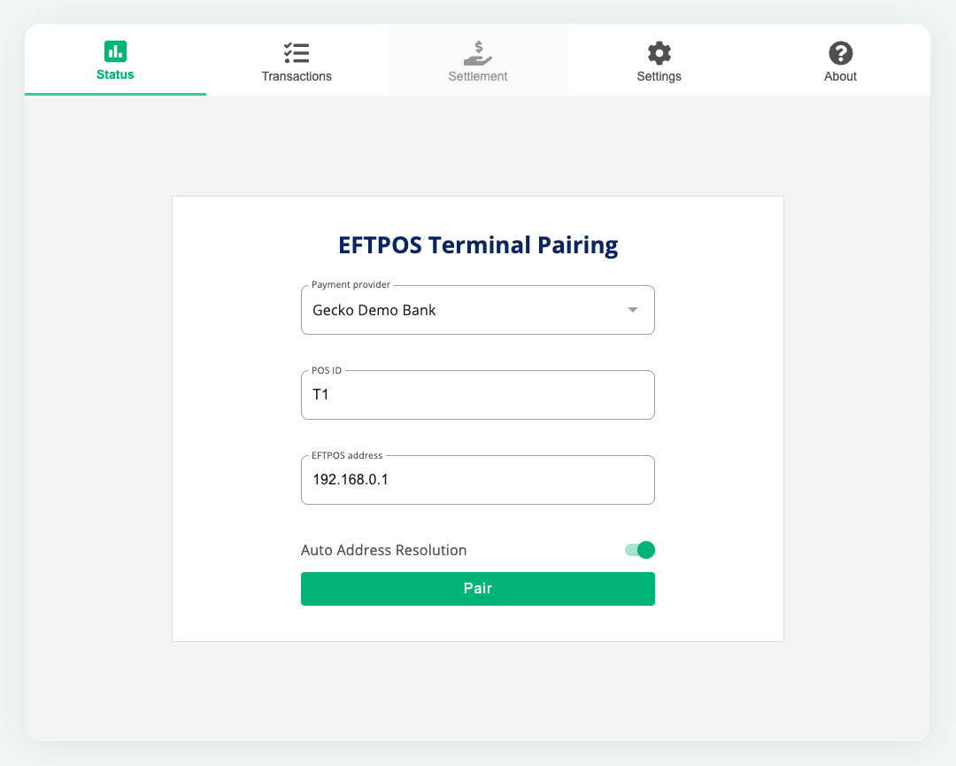 The 'EFTPOS terminal pairing' page in Spice's UI. This shows in the 'Status' tab when no EFTPOS terminal is paired.