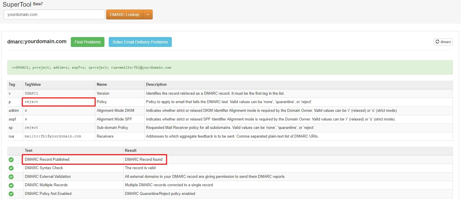 DMARC settings checking