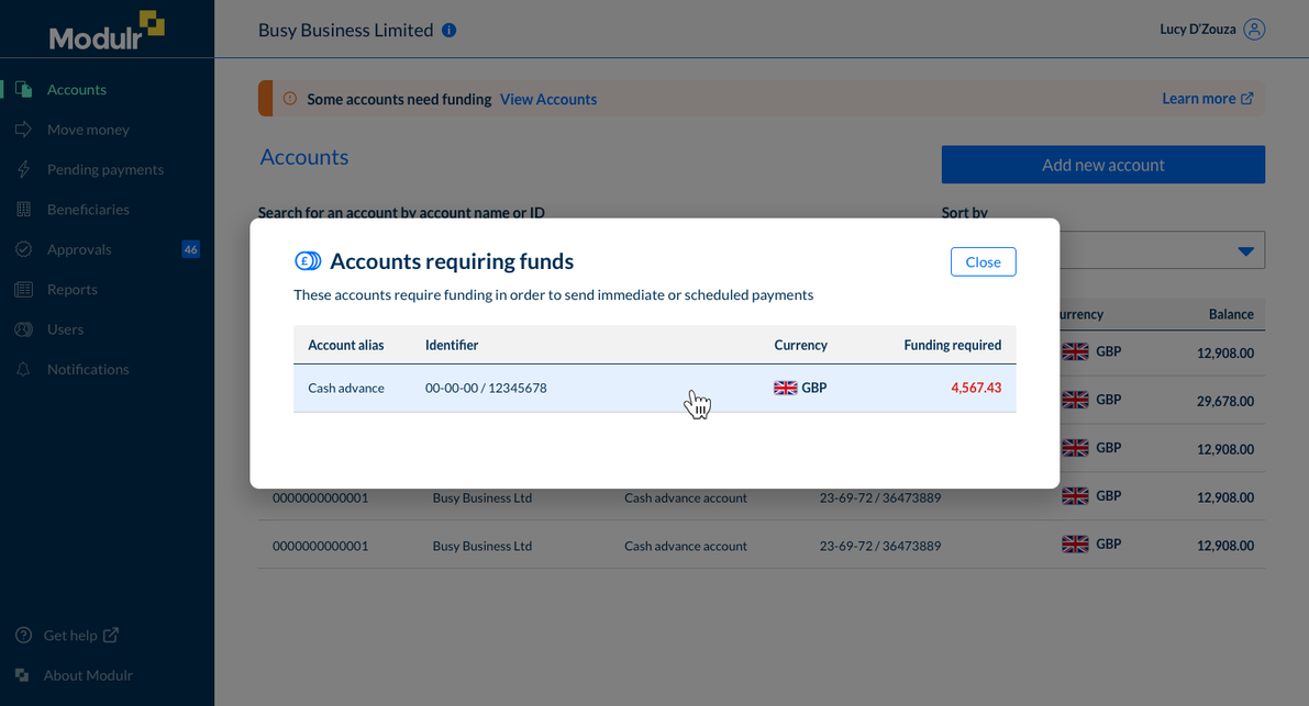 Accounts requiring funds action screen