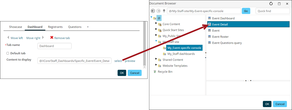 Update the dashboard tab to point to the copied content record.