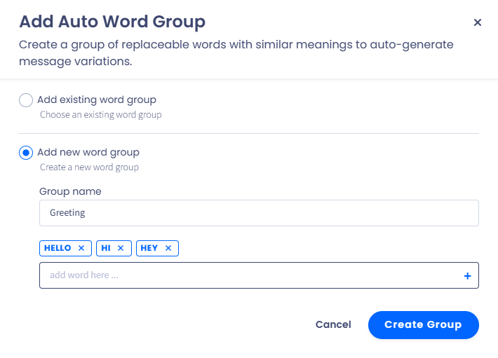 Screenshot of adding new word group