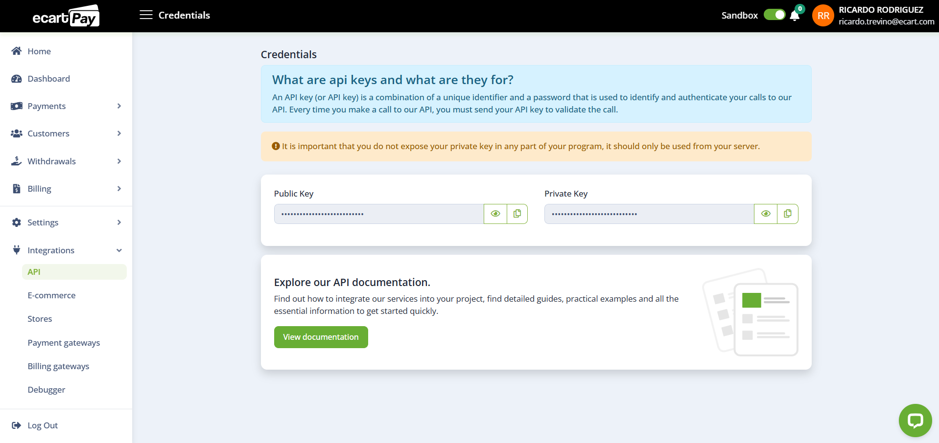 Image 4. API Section with both Public and Private Keys.