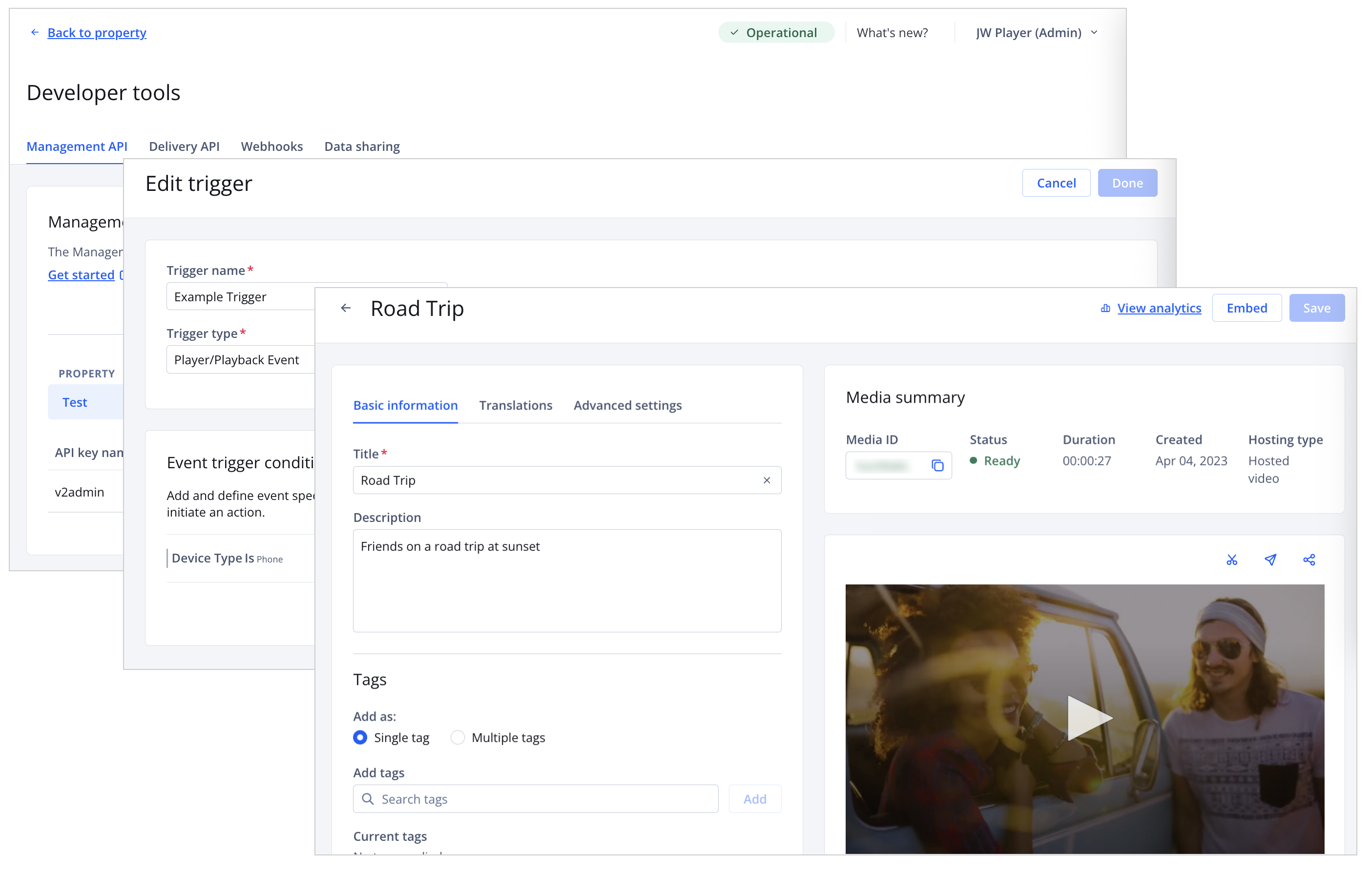 Main panel of the JWP dashboard