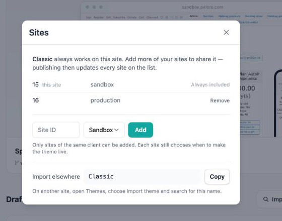 Sites dialog listing the sites that use a theme
