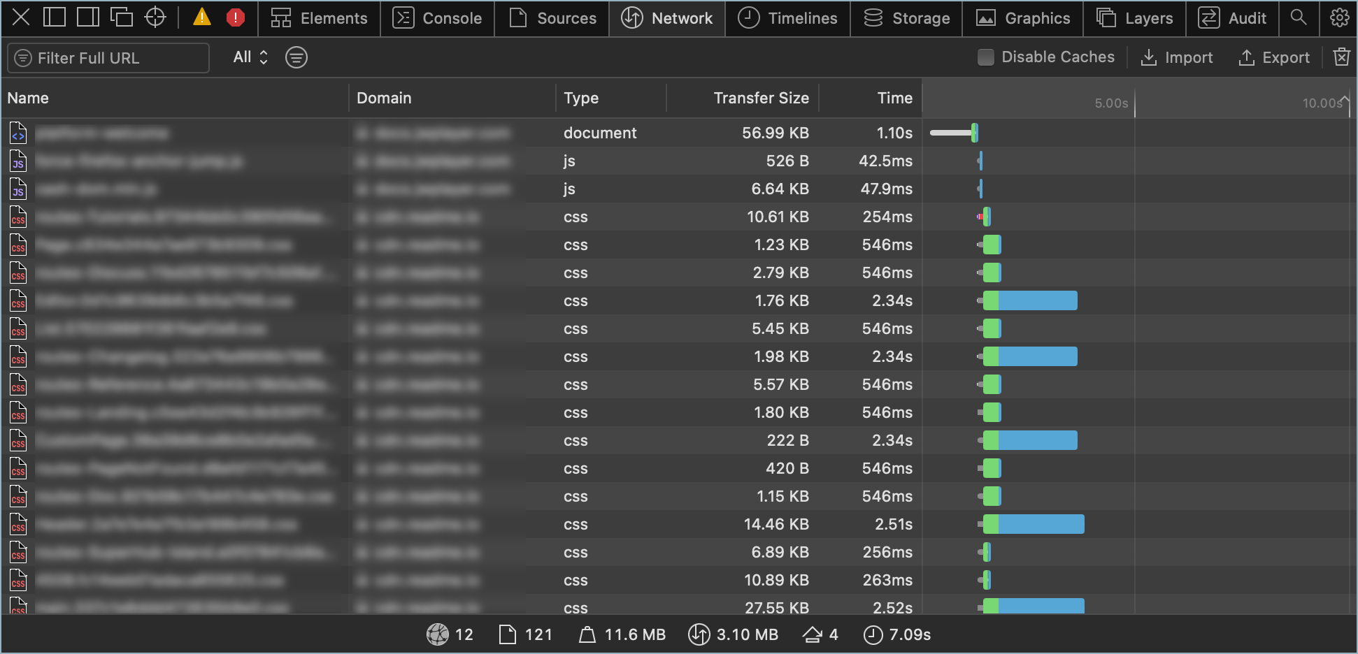 Network tab in Web Inspector panel