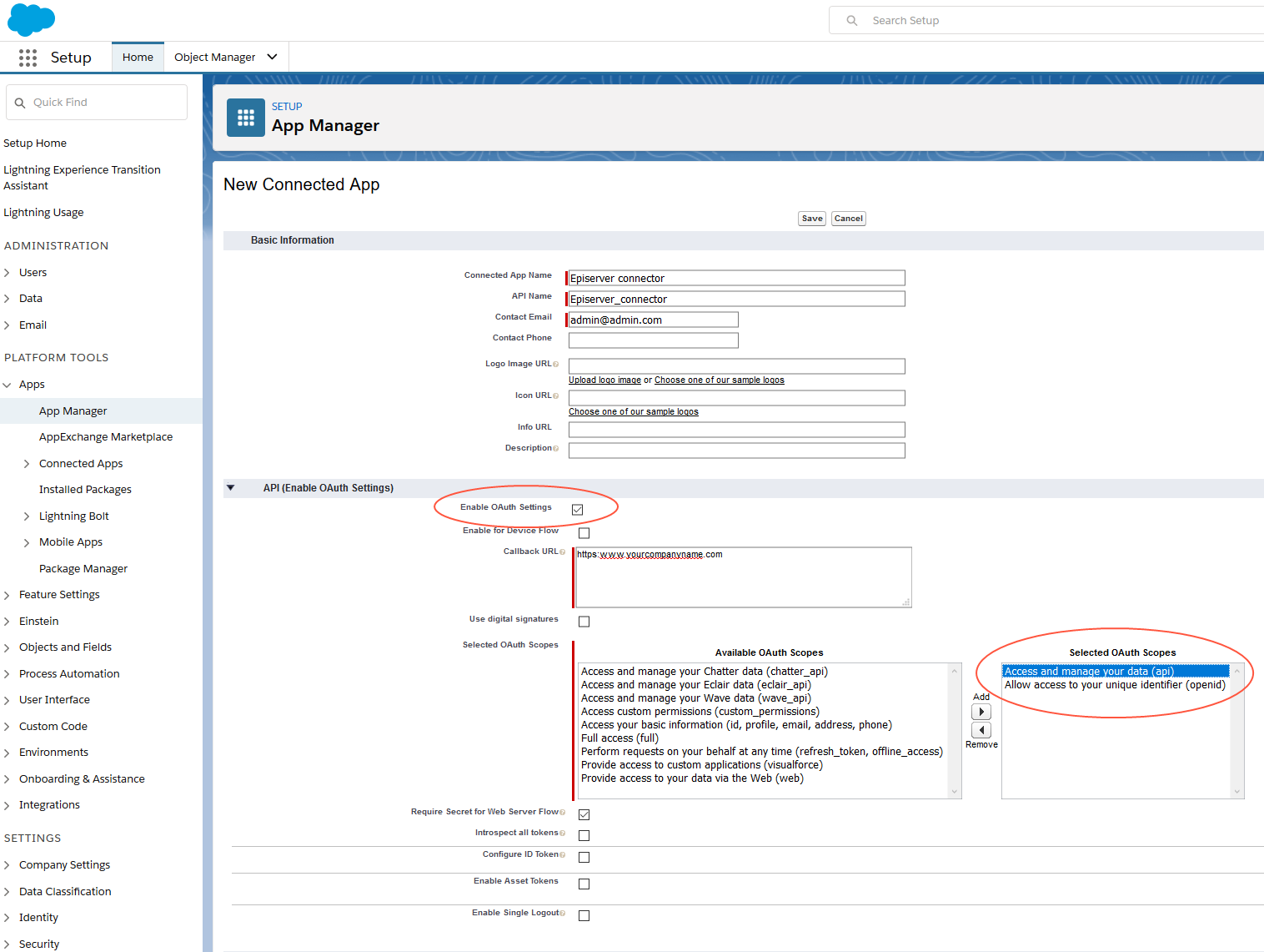 Screenshot of the Salesforce Connected App OAuth settings where enabling OAuth and selecting API scopes