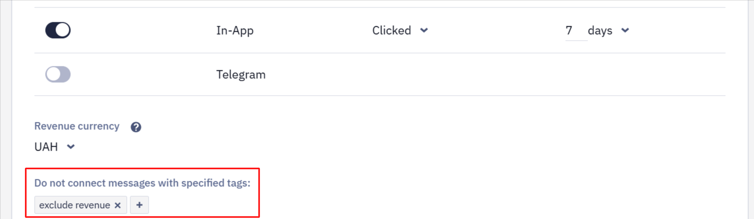 Message tags settings for excluding specific messages from revenue calculation