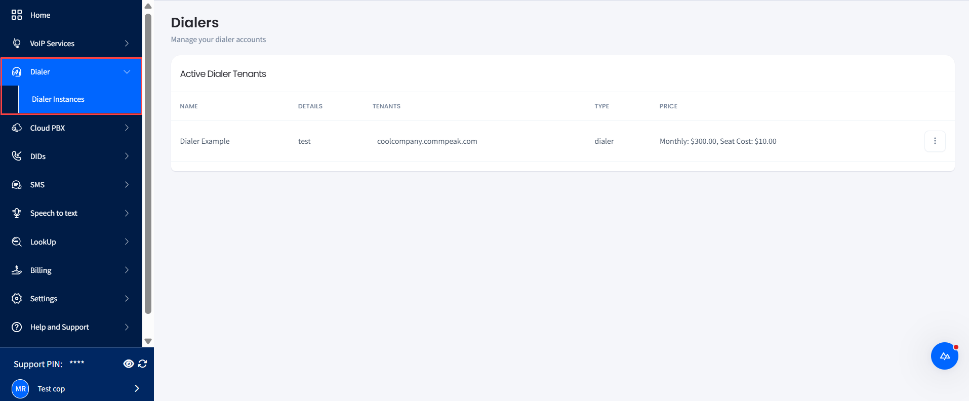 Screenshot of the Dialer Instances page