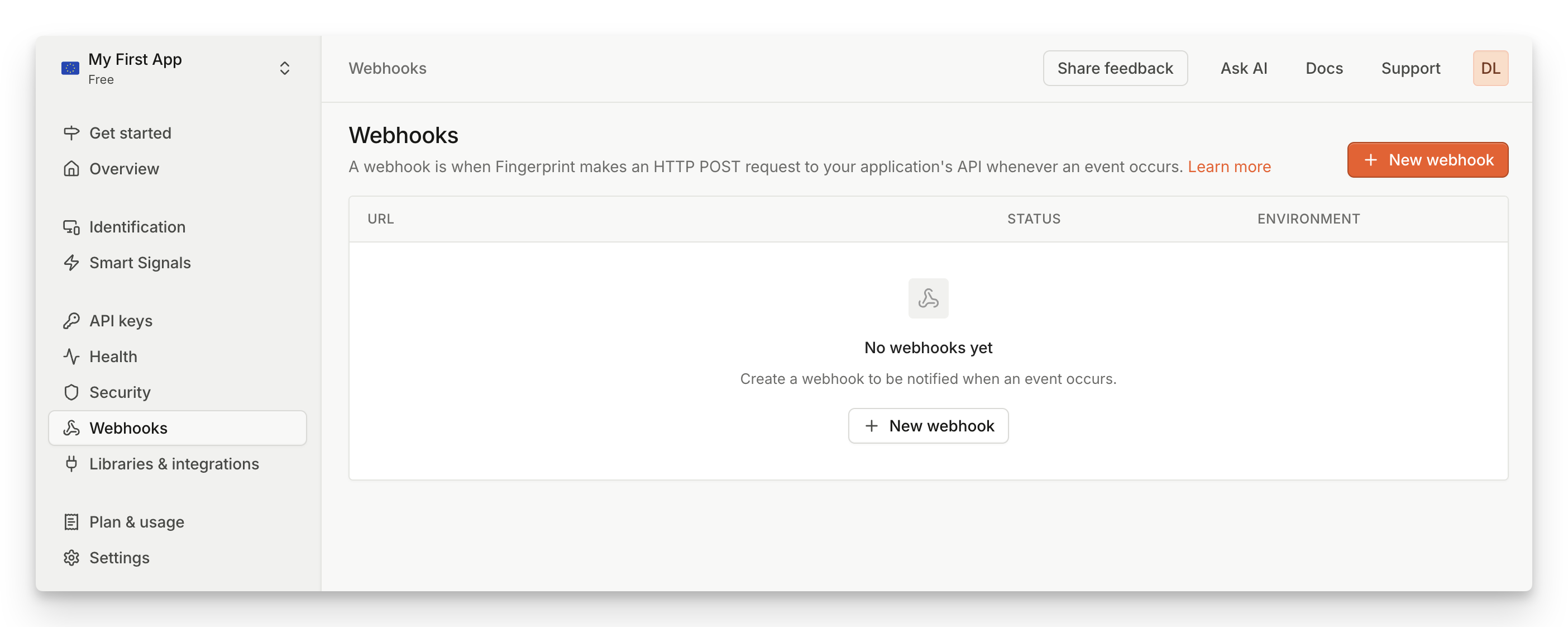 Screenshot of how to add a webhook in the Fingerprint dashboard