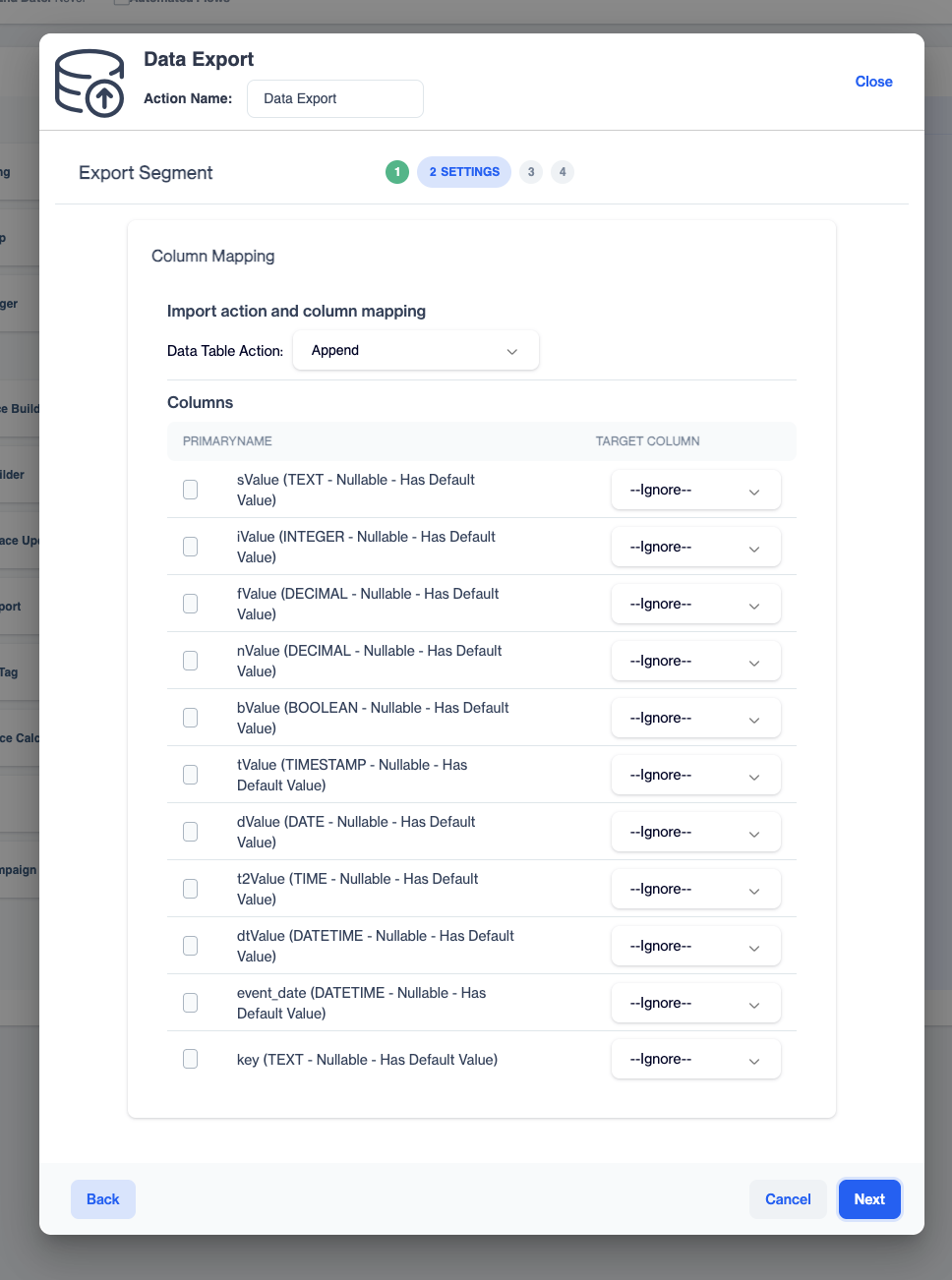 Column Mapping screen with the Data Table Action dropdown and the Columns table with a Target Column dropdown per row.