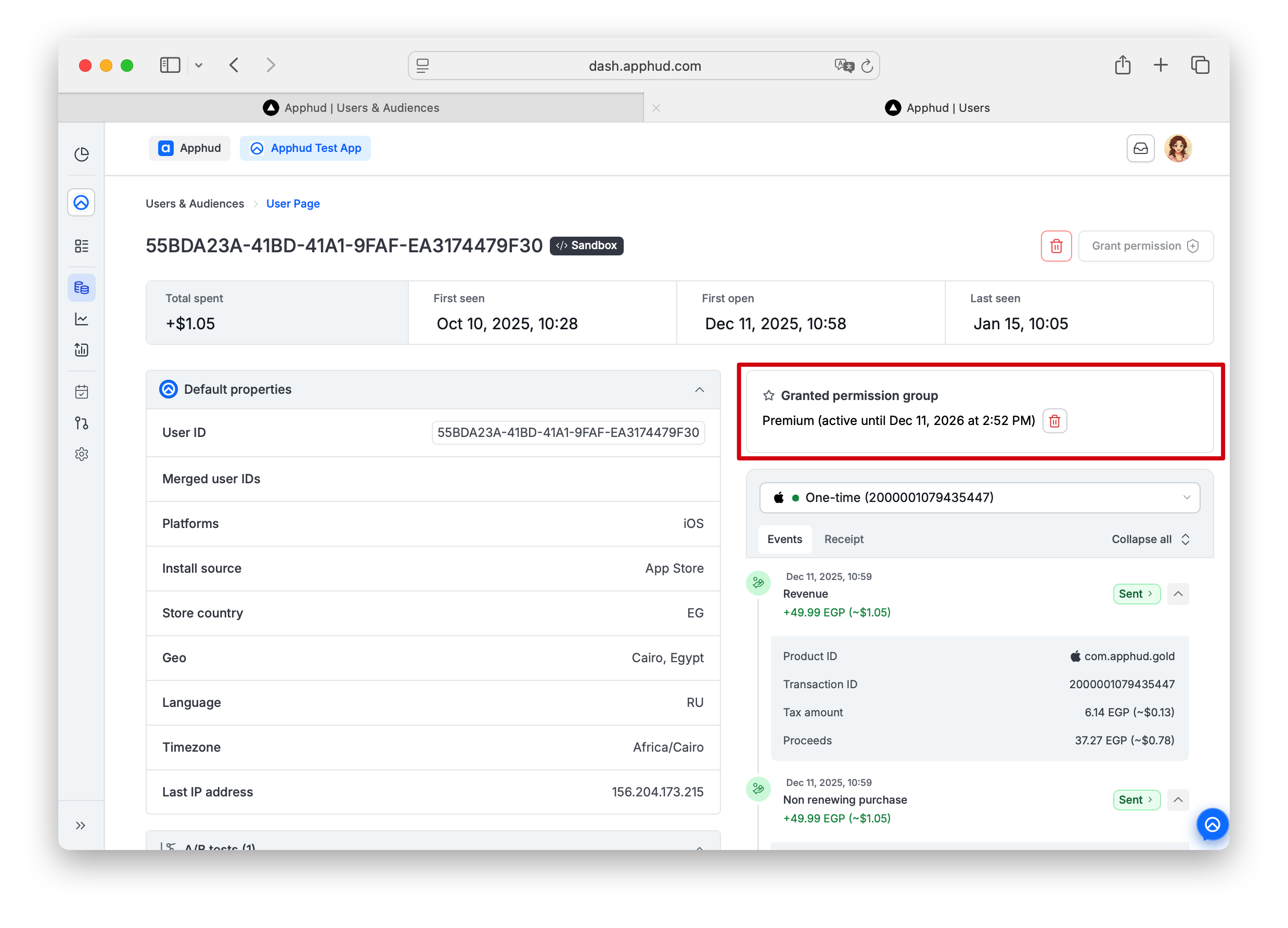 Apphud - User page with Promotional access granted