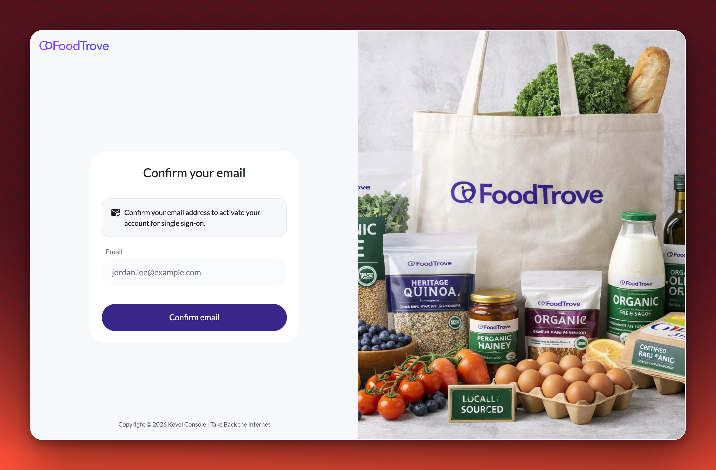 The Confirm your email page shown to an invited user when Console uses SSO, with the Confirm email button.