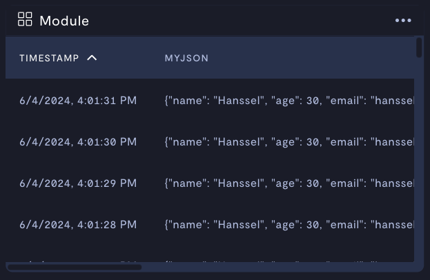 JSON stream displayed as a table.