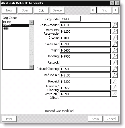 AR/Cash Default Accounts window