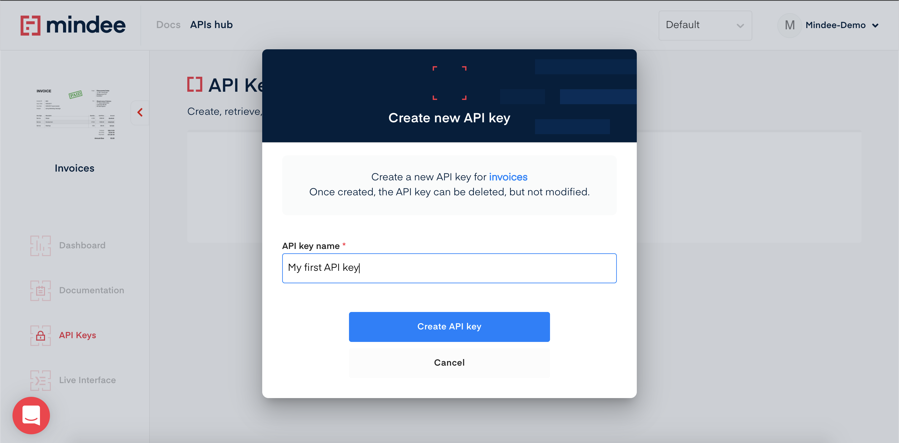 create a new API key button