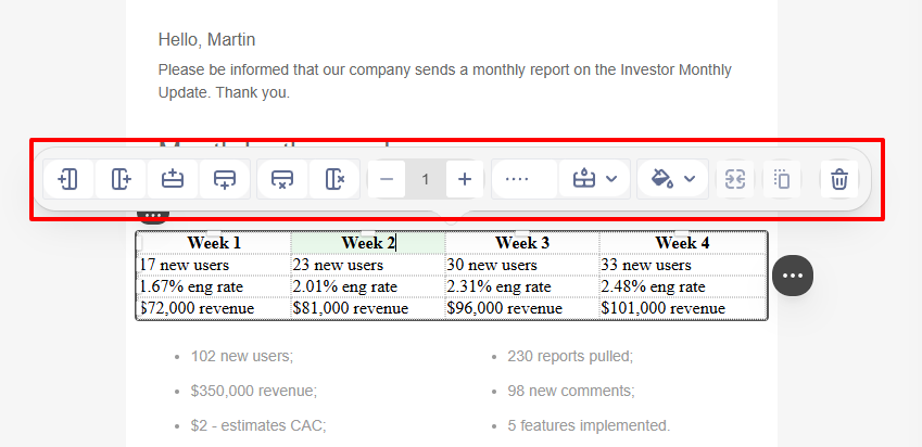 Table toolbar options