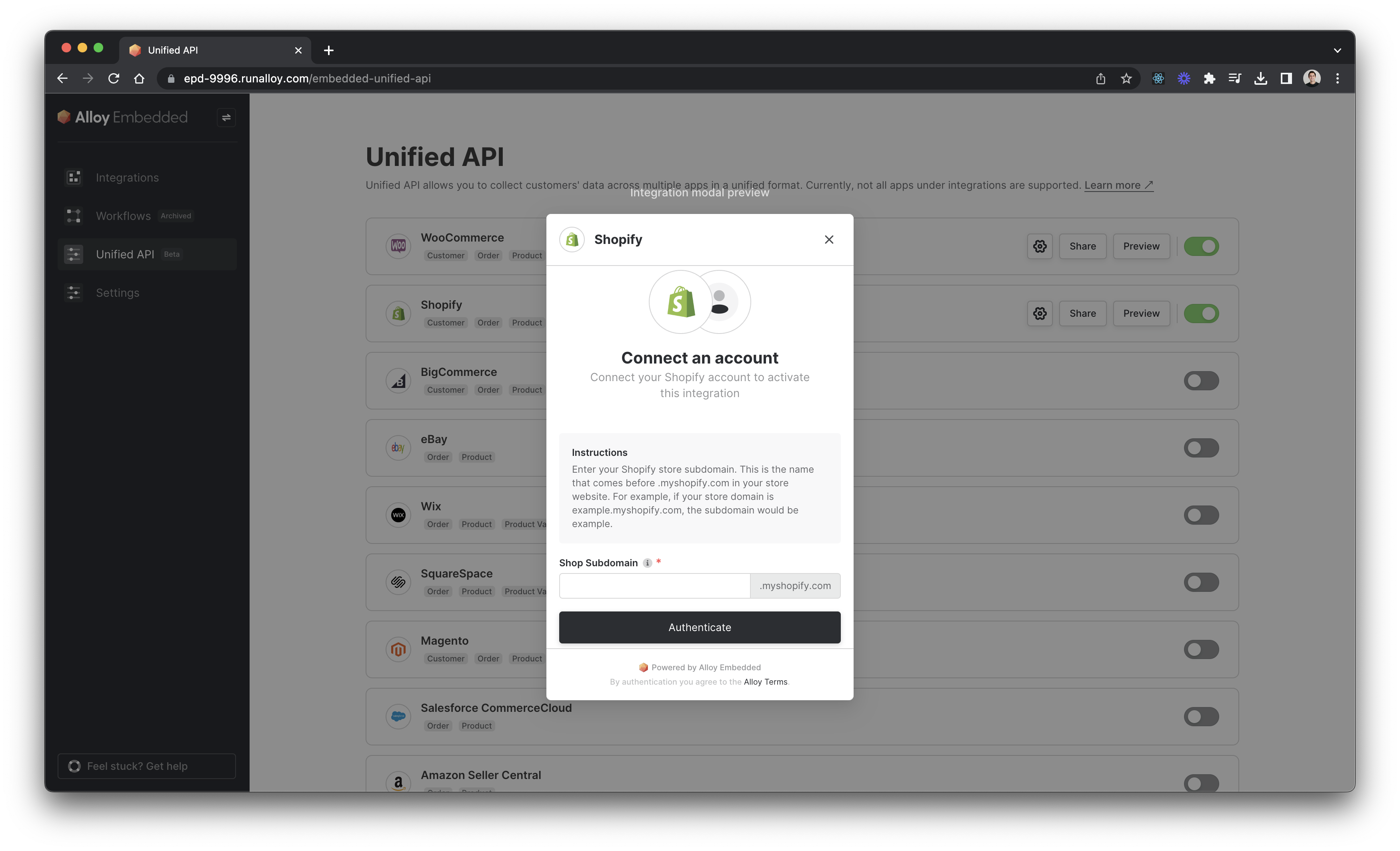 Your end-users authenticate integrations using the Alloy Modal.