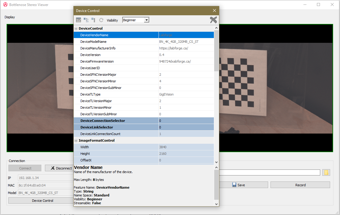 Stereo Viewer showing tunable settings from a connected Bottlenose camera.